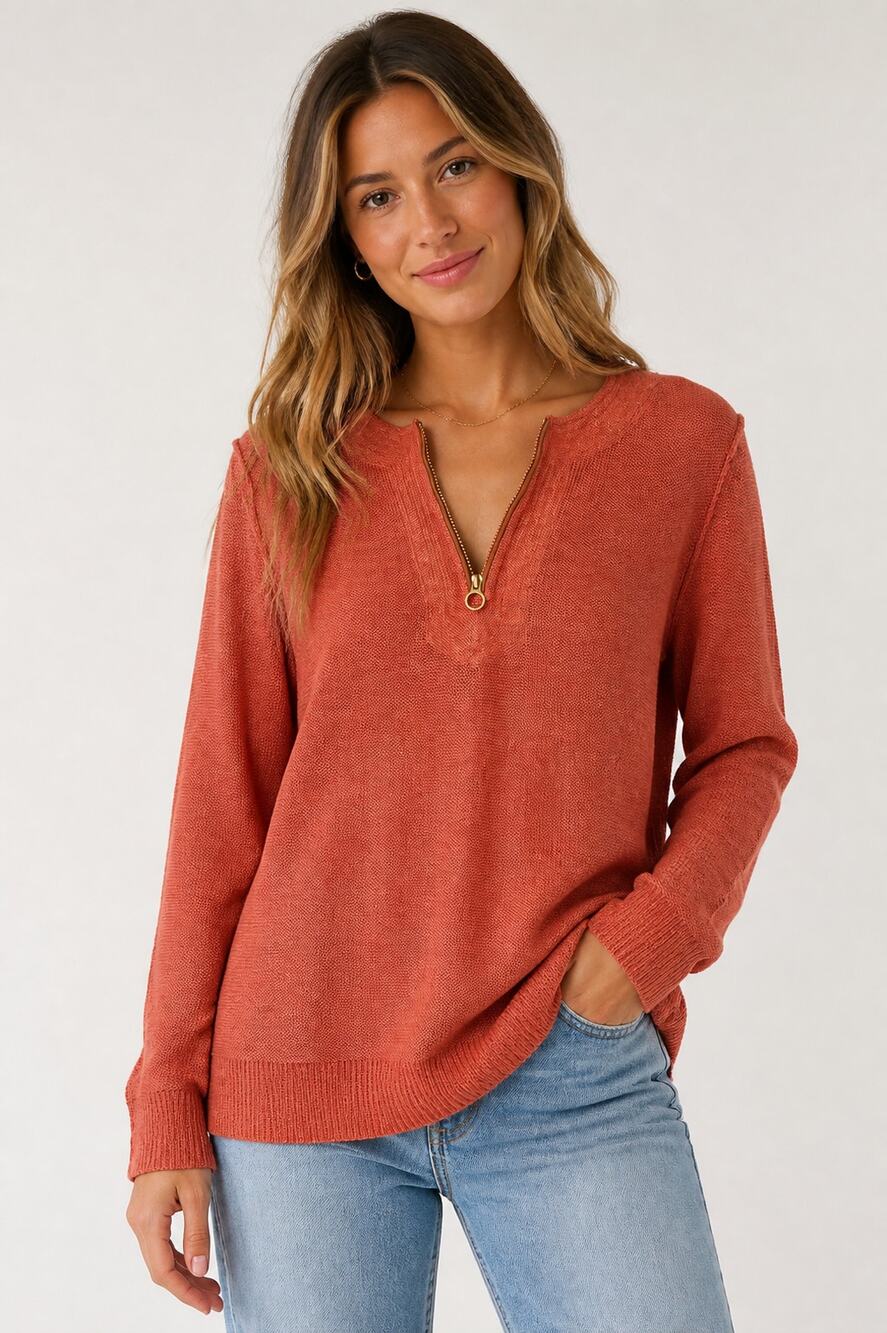 Tory Burch Coral Linen Zip Neck Sweater L/G